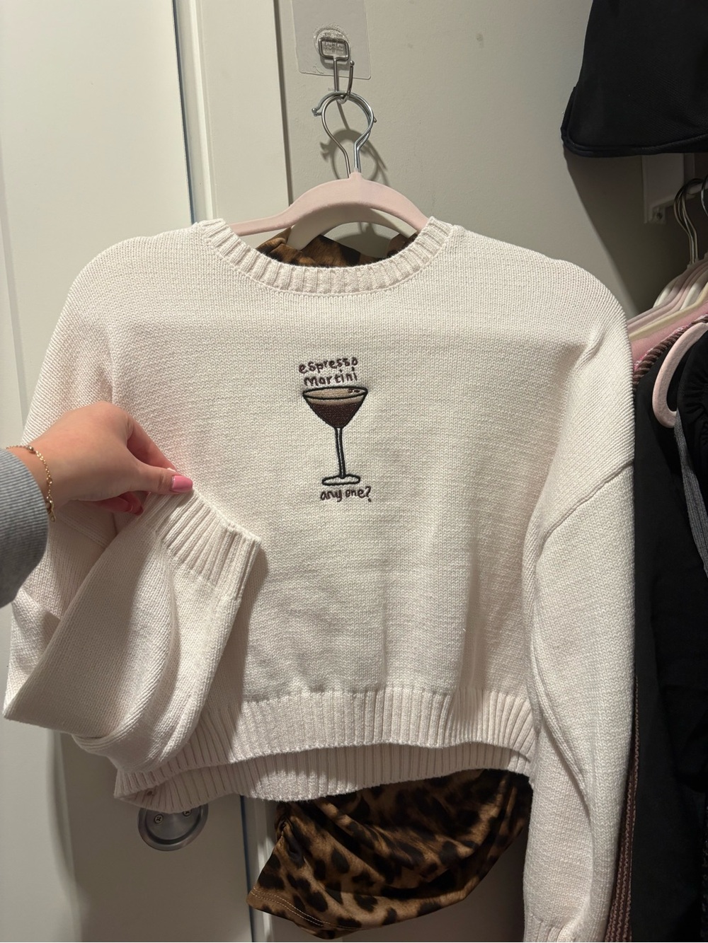 Espresso Martini Embroidered Crewneck Sweater - White
